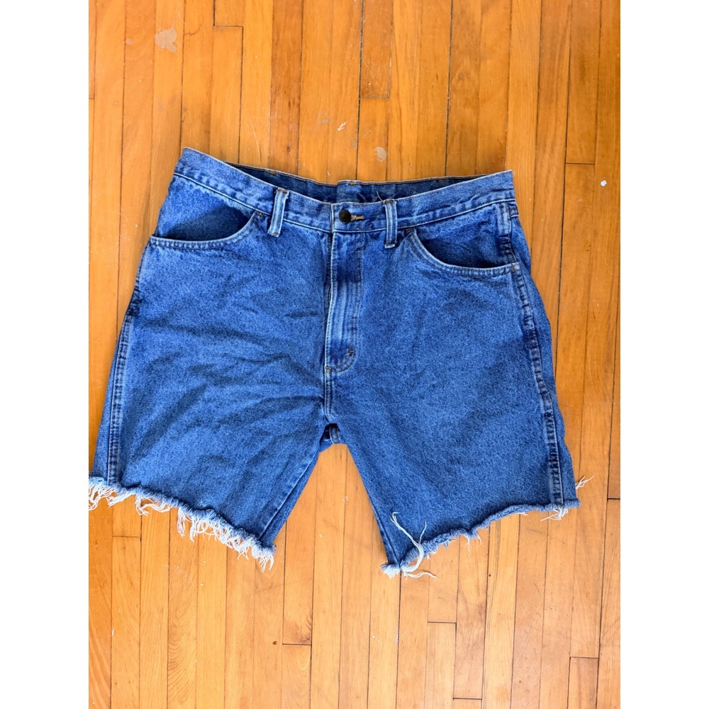 Wrangler Mens Cut Off Denim Shorts Medium Wash Blue Frayed Hem Relaxed Fit 36